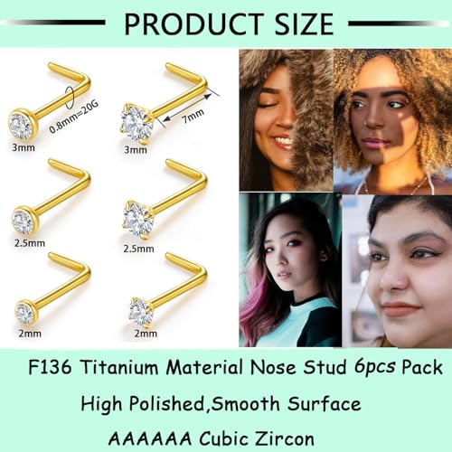 Gotumo 20G Nose Rings Titanium Nose Studs Cubic Zirconia Straight Nose Piercing Jewelry Hypoallergenic Nose Rings Studs for Women Men 6pcs set Silver - color: Gold, size: 20G L Shaped 6pcs