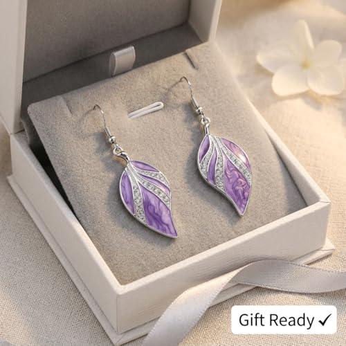 Leaf Dangle Earrings for Women, Boho Tropical Dangling Jewelry, Summer Earring Accessory, Birthday Gift for Her - color: Purple