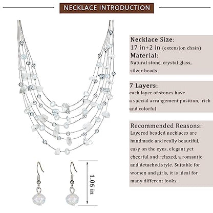 Multi-Layer Boho Shell Beaded Necklace for Women Colorful Crystal Strand with Silver Beads Statement Collars Necklace and Earrings Costumes Jewelry Sets for Women - color: 48-White