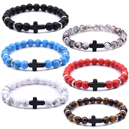 Beaded Bracelets Cross Bracelet for Women Men Lava Rock Turquoise Tiger Eye Natural Bracelet Anxiety Healing - color: 6 Pcs- black cross