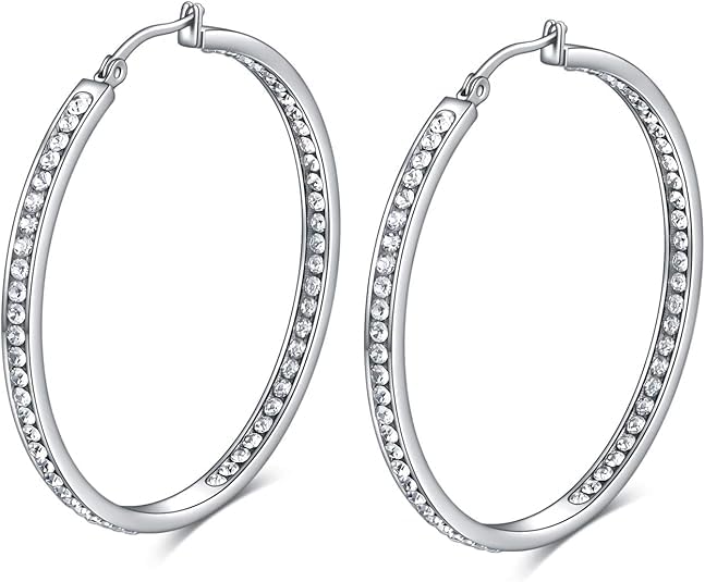 Stainless Steel Inside Out 40mm Hoop Earrings for Women – Sparkling CZ Crystal Hoops, Hypoallergenic, Lightweight, Modern Everyday Earrings – Silver, 18K Gold Plated, & Black Options - color: Silver