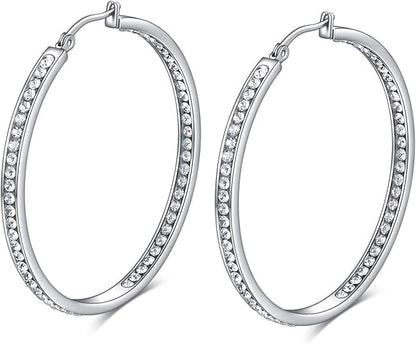 Stainless Steel Inside Out 40mm Hoop Earrings for Women – Sparkling CZ Crystal Hoops, Hypoallergenic, Lightweight, Modern Everyday Earrings – Silver, 18K Gold Plated, & Black Options - color: Silver