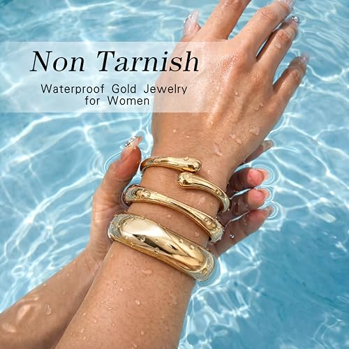 Chunky Gold Bangle Bracelets for Women, 14K Gold Plated Big Stackable Cuff Bracelet Set, Dainty Thick Dome Teardrop Bangles, Trendy Statement Jewelry Fashion Accessories - color: Gold