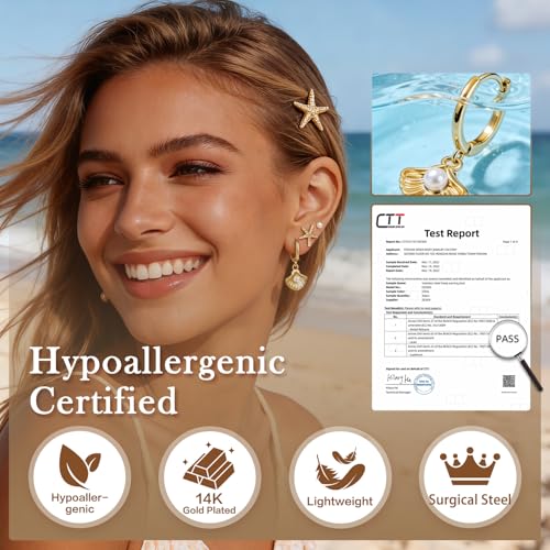 14K Gold Hoop Dangle Stud Earrings Surgical Steel Helix Piercing | Hypoallergenic,Cubic Zirconia,3 Pairs Huggie Hoop Set for Women,Dangle Stud,Cartilage Tragus Conch Earring,Jewelry Gift - color: B3-Gold Shell & Pearl Earrings