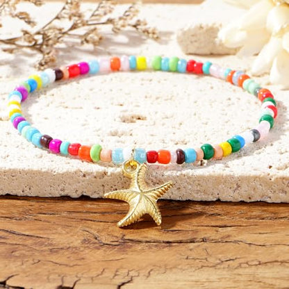 Shell Starfish Ankle Bracelet Set for Women,Handmade Bohemian Colorful Beaded Layered Hawaiian Beach Seashell Starfish Foot Jewelry Gifts Friendship Family