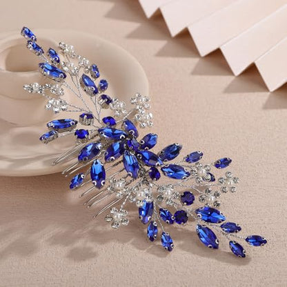Teyglen Blue Rhinestone Wedding Hair Comb with Pearl Crystal Flower Headpiece for Women - color: Blue