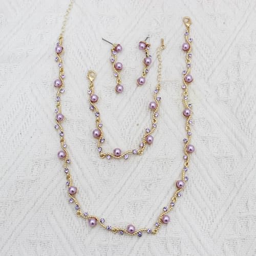 Bridal Pearl Choker Necklace Earrings Bracelet Wedding Crystal Jewelry Set for Women Brides Bridesmaid Prom - color: Violet-Gold Plated