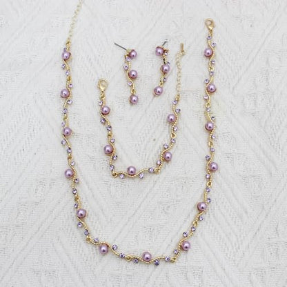 Bridal Pearl Choker Necklace Earrings Bracelet Wedding Crystal Jewelry Set for Women Brides Bridesmaid Prom - color: Violet-Gold Plated