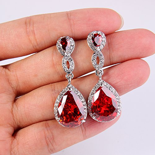 EVER FAITH Cubic Zirconia Wedding Earrings for Women Brides, Austrian Crystal Birthstone 8-Shape Infinity Bridal Dangle Earring - style: Pierced_Red Silver-Tone