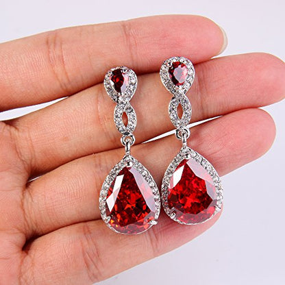 EVER FAITH Cubic Zirconia Wedding Earrings for Women Brides, Austrian Crystal Birthstone 8-Shape Infinity Bridal Dangle Earring - style: Pierced_Red Silver-Tone