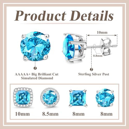 MILACOLATO S925 Sterling Silver Stud Earrings for Women Men Hypoallergenic 18K Gold Plated Cubic Zirconia Earrings Studs Brilliant Simulated Diamond Halo Earring for Sensitive Ears - style: 18K White Gold Plated - Blue CZ