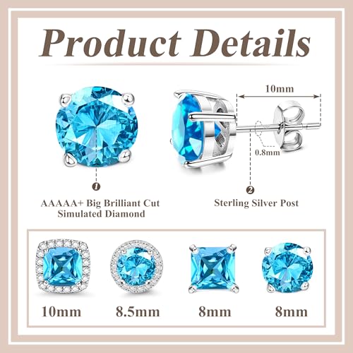 MILACOLATO S925 Sterling Silver Stud Earrings for Women Men Hypoallergenic 18K Gold Plated Cubic Zirconia Earrings Studs Brilliant Simulated Diamond Halo Earring for Sensitive Ears - style: 18K White Gold Plated - Blue CZ