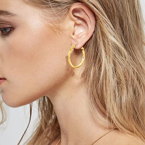 Sterling Silver Hoop Earrings - Diamond-Cut Circle Hoops, Hypoallergenic, 3mm Thin, Oversize 20/30/40/50/60mm - color: Gold,30mm