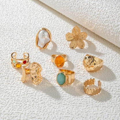 Rrdaily 14K Gold Plated Stackable Knuckle Rings Set for Women Trendy Chunky Simulation Gemstone Signet Rings Dainty Midi Finger Rings Pack Aesthetic Statement Jewelry for Bridesmaid Wedding Gifts - style: 8 Pcs Gold