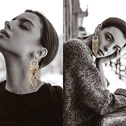 Bohemian Boho Tassel Dangle Drop Earrings for Women – Lightweight Filigree Gypsy Coin Chandelier Disc Charm Hoops – included Gift Box - style: Round - Gold