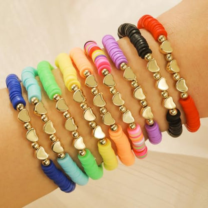 Friendship Bracelets for Women - Heishi Surfer Colorful Smile Evil Eye Clay Beaded Stretch Bracelets Elastic Layering - Stackable Boho Disc Y2K Aesthetic Summer Jewelry Set. - color: 3heart-9pc-Colorful