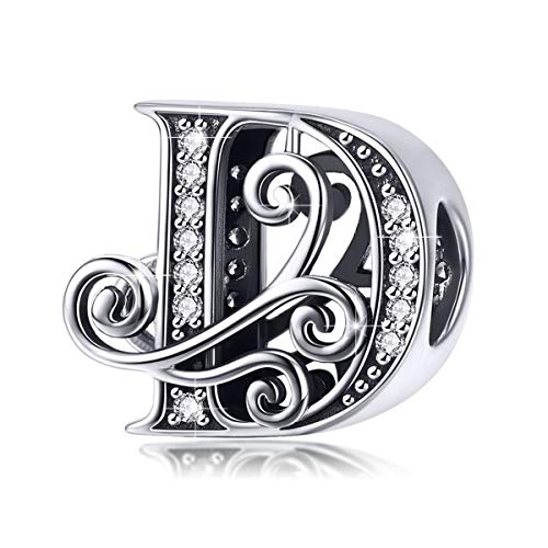 BISAER 925 Sterling Silver Initial Letter A-Z Charms for Bracelets Alphabet Beads Charm Jewelry Gifts - color: Letter D
