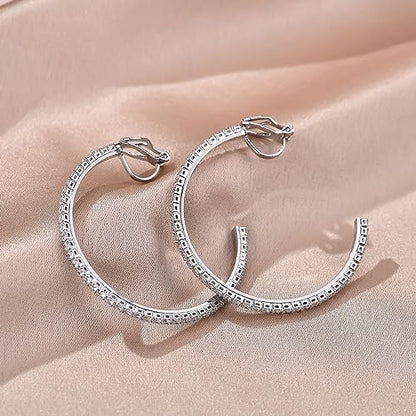 YOQUCOL 4.3CM(1.7in) Clip On Hoop Earrings Cubic Zirconia Non Pierced Ears Hoops for Women - color: Silver