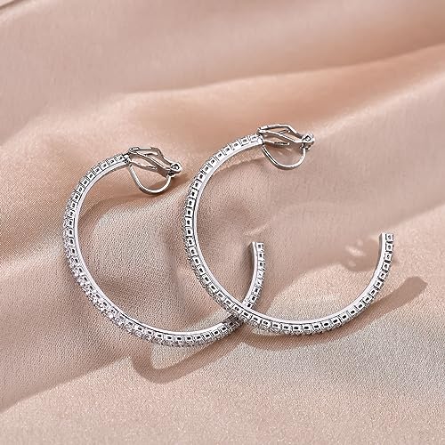 YOQUCOL 4.3CM(1.7in) Clip On Hoop Earrings Cubic Zirconia Non Pierced Ears Hoops for Women - color: Silver
