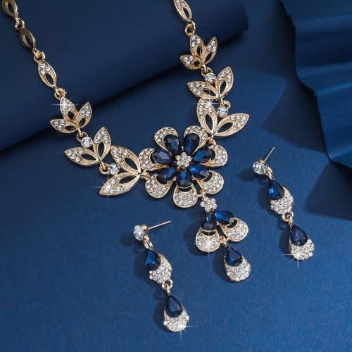 Wedding Jewelry Sets for Brides Rhinestone Necklace and Earring Set Bracelet Ring Gold Silver Prom Jewelry Sets Diamond Flower Teardrop Necklace for Women - color: Style3-Blue&Gold-2pcs