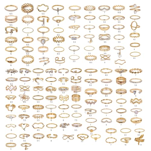 42-Piece Gold Tone Stackable Ring Set for Women, Boho Minimalist Stacking Rings with Crystal & Heart Accents, Adjustable Open Band Jewelry for Daily Wear - style: ZH00101
