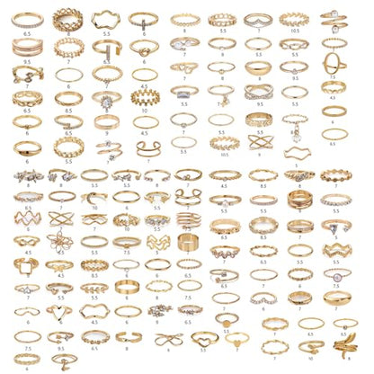 42-Piece Gold Tone Stackable Ring Set for Women, Boho Minimalist Stacking Rings with Crystal & Heart Accents, Adjustable Open Band Jewelry for Daily Wear - style: ZH00101