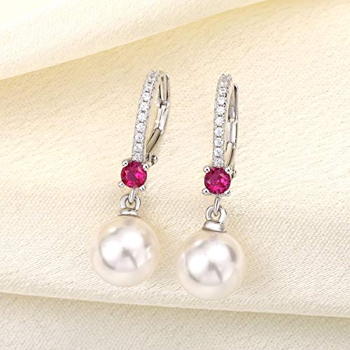 JO WISDOM 925 Sterling Silver Freshwater Pearl Hoop Earrings with Dangle Real Pearl,Simulated Pearls - color: B-8mm white pearl,ruby