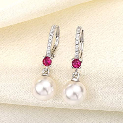 JO WISDOM 925 Sterling Silver Freshwater Pearl Hoop Earrings with Dangle Real Pearl,Simulated Pearls - color: B-8mm white pearl,ruby