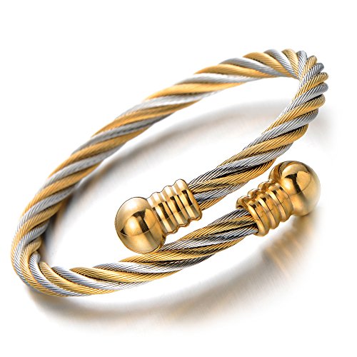 COOLSTEELANDBEYOND Elastic Adjustable Steel Twisted Cable Cuff Bangle Bracelet for Mens for Women - color: A-Metal Color: Silver & Gold-01