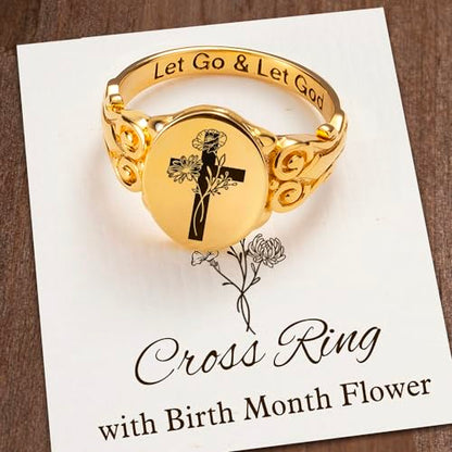 callie Custom Signet Ring - Engraved Text & Photo, Personalized Family Crest Coat Of Arms Rings, 925 Sterling Silver/Brass | Father's Day Jewelry Gifts for Men & Women - color: Cross-2