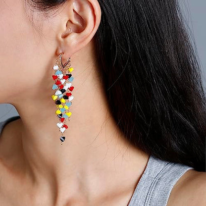 Fringe Hoop Dangle Earrings, Long Beads Tassel Chain Earrings for Women Sparkly Chandelier Earrings - color: Coloful
