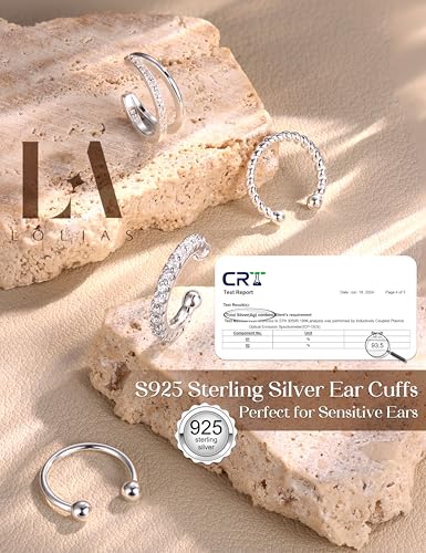 LOLIAS 925 Sterling Silver Ear Cuffs Non Piercing - 14K Gold Plated Ear Cuff Earrings for Women Adjustable Clip on Cartialge Earrings Non Pierced Fake Earring Stacks - color: Silver-CZ Double Hoop