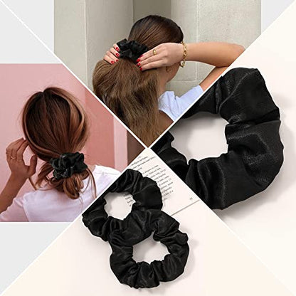 Ivyu Black Silk Satin Scrunchies - Pack of 6, 8 Pieces (2 Free) - Hair Elastics Bands - Ponytail Holder - Women & Girls - color: Dark Black