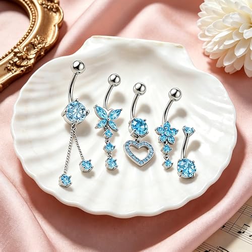 Belly Button Ring Dangle Navel Belly Piercing Jewelry with Cute Heart Butterfly Bow Flower Fake Floating Bellys Buttons Ring for Women Stainless Steel Dainty Dangly Bellys Button Piercing - color: Silver with Blue
