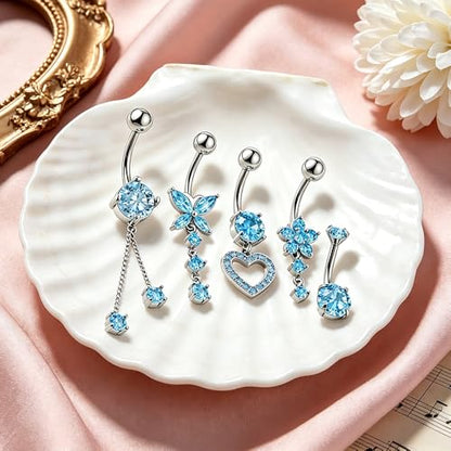 Belly Button Ring Dangle Navel Belly Piercing Jewelry with Cute Heart Butterfly Bow Flower Fake Floating Bellys Buttons Ring for Women Stainless Steel Dainty Dangly Bellys Button Piercing - color: Silver with Blue