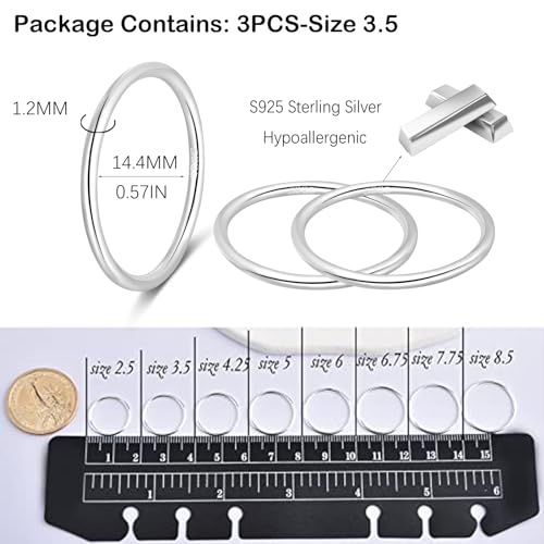 CANDYFANCY 925 Sterling Silver 1.2mm Stacking Midi Thin Rings Thumb Pinky Ring Stack Knuckle Rings for Women Band Ring Size 2.5-8.5 - color: silver-3pcs, size: 3.5