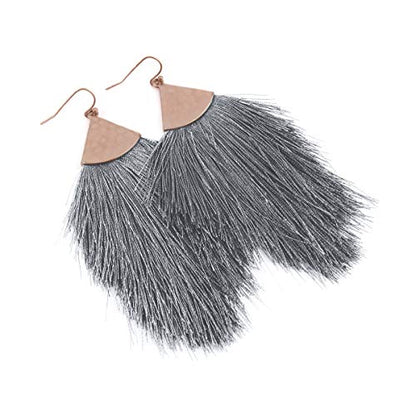 Bohemian Silky Thread Fan Fringe Tassel Statement Earrings - Lightweight Strand Feather Shape Dangles - color: Feather Fringe - Gray