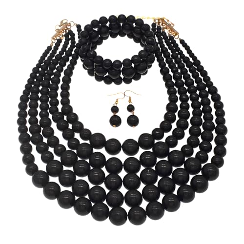 JNF Large Faux Pearl Necklaces for Women Multi strand Pearl Necklace Bracelet and Earrings Set 1920s Costume Pearls Necklace Jewelry Accessories - color: Black