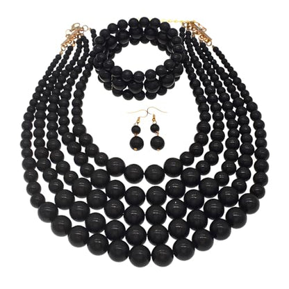 JNF Large Faux Pearl Necklaces for Women Multi strand Pearl Necklace Bracelet and Earrings Set 1920s Costume Pearls Necklace Jewelry Accessories - color: Black