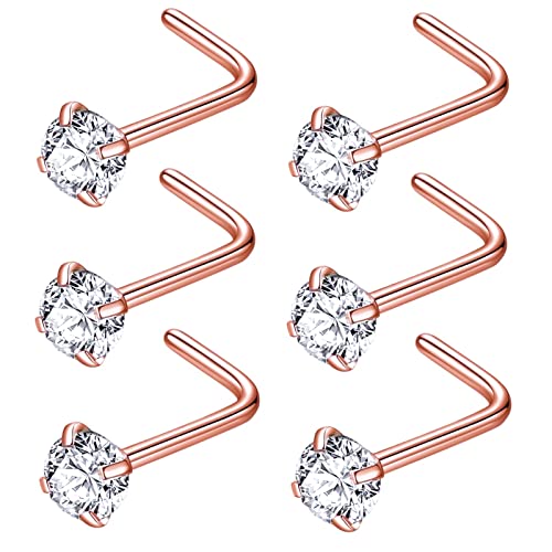 316L Surgical Steel 22g/20g/18g Nose Rings Studs L-Shape Nose Nostrial Piercing Body Jewerly L Shaped Nose Studs 1.5mm 2mm 2.5mm 3mm CZ Nose Screw Studs Rings for Women - style: 6pcs/L-shape/18g/3.0mm Clear CZ/Rose Gold
