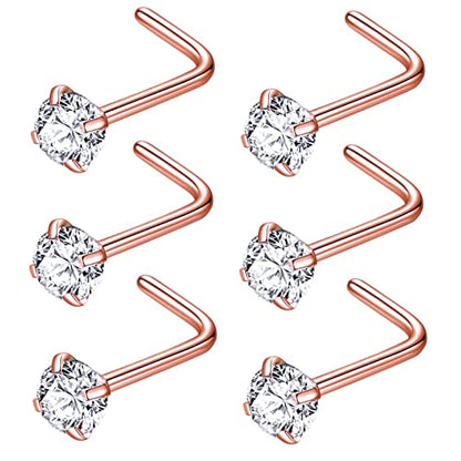 316L Surgical Steel 22g/20g/18g Nose Rings Studs L-Shape Nose Nostrial Piercing Body Jewerly L Shaped Nose Studs 1.5mm 2mm 2.5mm 3mm CZ Nose Screw Studs Rings for Women - style: 6pcs/L-shape/18g/3.0mm Clear CZ/Rose Gold