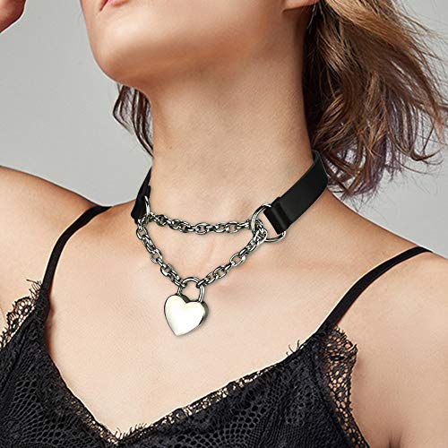 Goth Choker Necklaces for Women, Black Choker and Heart Padlock Day Collar with Key, Black PU Leather Choker Collar for Women