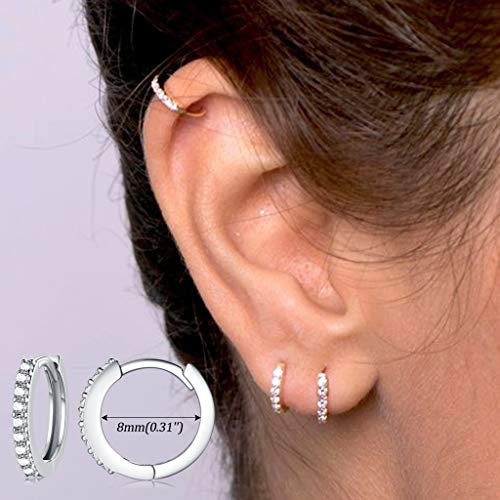 Silver Hoop Earrings for Women, 3 Pairs Small Sterling Silver Huggie Earrings | Tiny Cubic Zirconia Cartilage Cuff Earrings Hoop Piercing Jewellery for Men Teens (8mm/10mm/12mm) - color: 3 Pairs(8mm*3)-Silver