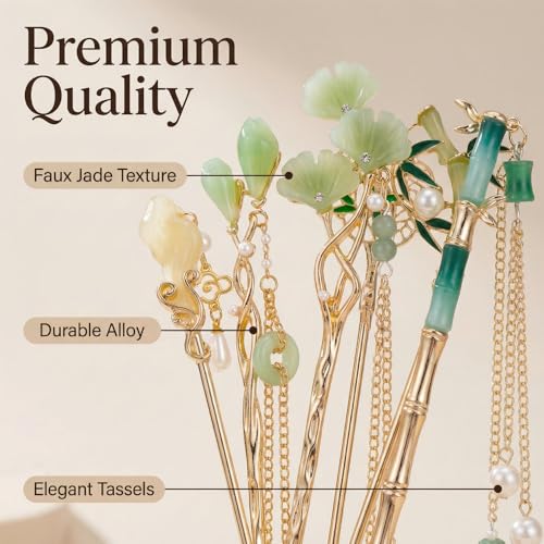 6PCS Chinese Hair Sticks Set, Gold White Japanese Hair Stick with Pearl Flower Bamboo Leaves Design Metal Hair Chopsticks Hair Bun Updo Holders Long Thick Hair Accessories for Women - color: 6pcs Green