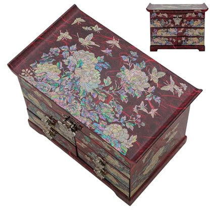 February Mountain Mother of Pearl Wooden Jewelry Organizer Box – Jewelry Storage Box for Women, Features Spacious Drawers, Ideal for Rings, Bracelets, Watches, Chains, Accessories - style: Peony_Red