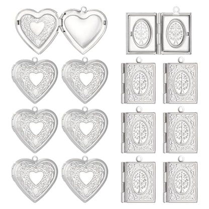 24Pcs Heart Photo Frame Charm 2 Styles Flat Round Stainless Steel Photo Locket Pendants Blank Memory Locket Picture Charms for Necklace Jewelry Making DIY Craft Women Gift - size: Multi Size