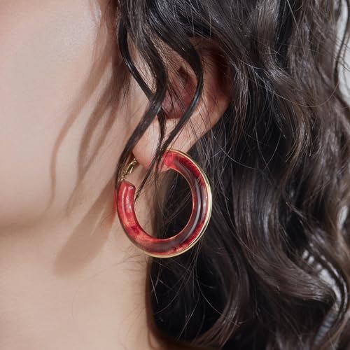 Chunky Gold Resin Hoop Earrings Leverback Statement Huggie Hoops Dangle Drop Dressy Earring Prom Festival Vacation Jewelry for Women - color: Burgundy, size: Hoop
