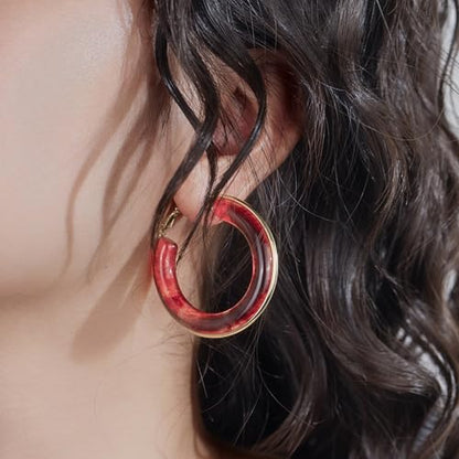 Chunky Gold Resin Hoop Earrings Leverback Statement Huggie Hoops Dangle Drop Dressy Earring Prom Festival Vacation Jewelry for Women - color: Burgundy, size: Hoop