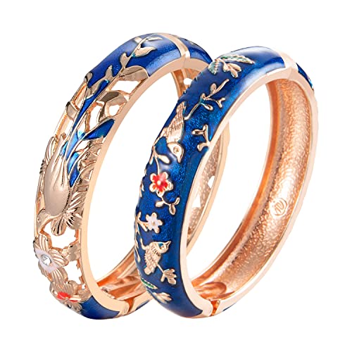UJOY Cloisonne Indian Bangle Colored Crystal Plated Hinge Cuff Bracelet Hollowed Bird Enamel Jewelry Gift 55C49 - color: 2 Pcs/set-Navy Blue