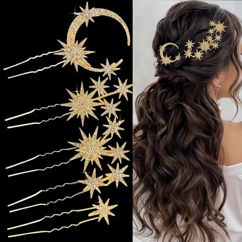 5 Pcs Celestial Crystal Bridal Hair Pins Set, Star & Moon Rhinestone Hair Accessories for Wedding, Goddess-Style Hair Pieces for Women(Gold) - color: Gold